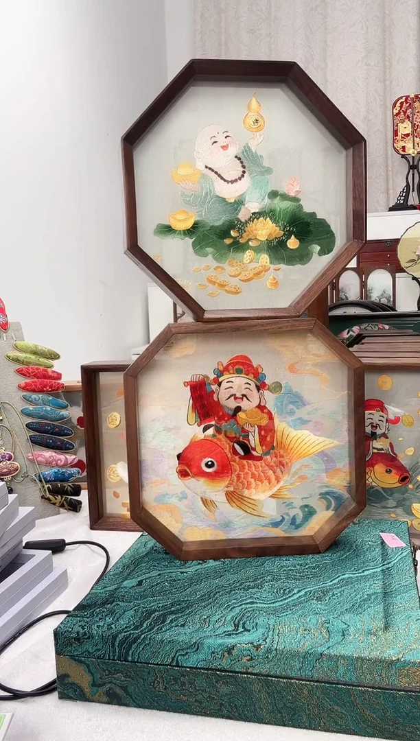 扇子素*苏绣作品手工摆台