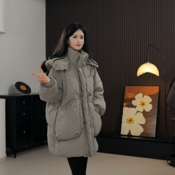 中长款长袖连帽可调节厚款宽松时尚韩版羽绒服