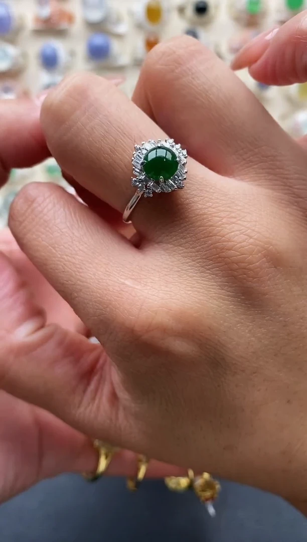 银S925镶嵌戒指翡翠缅甸天然A货翡翠22 5-8