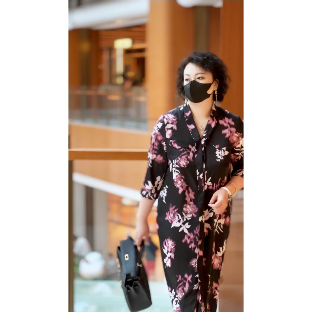 Juerun/觉闰【花开枝蔓】连衣裙H型印花图案气质翻领 2BH016