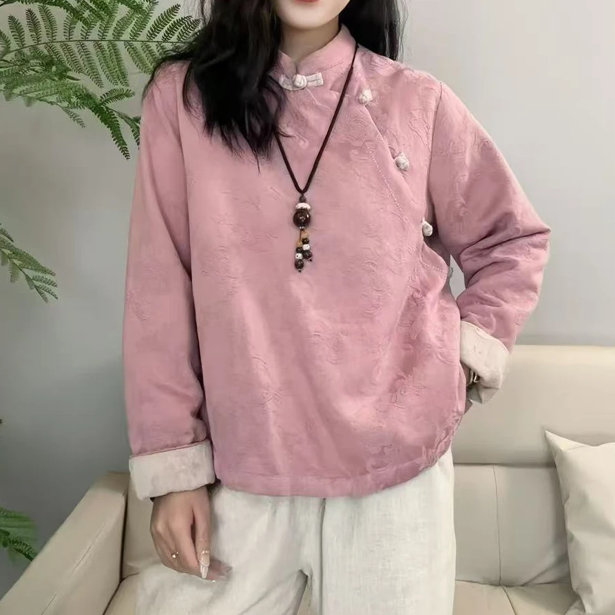 中式复古斜襟手工盘扣长袖小衫不加棉秋冬加棉9010-9011