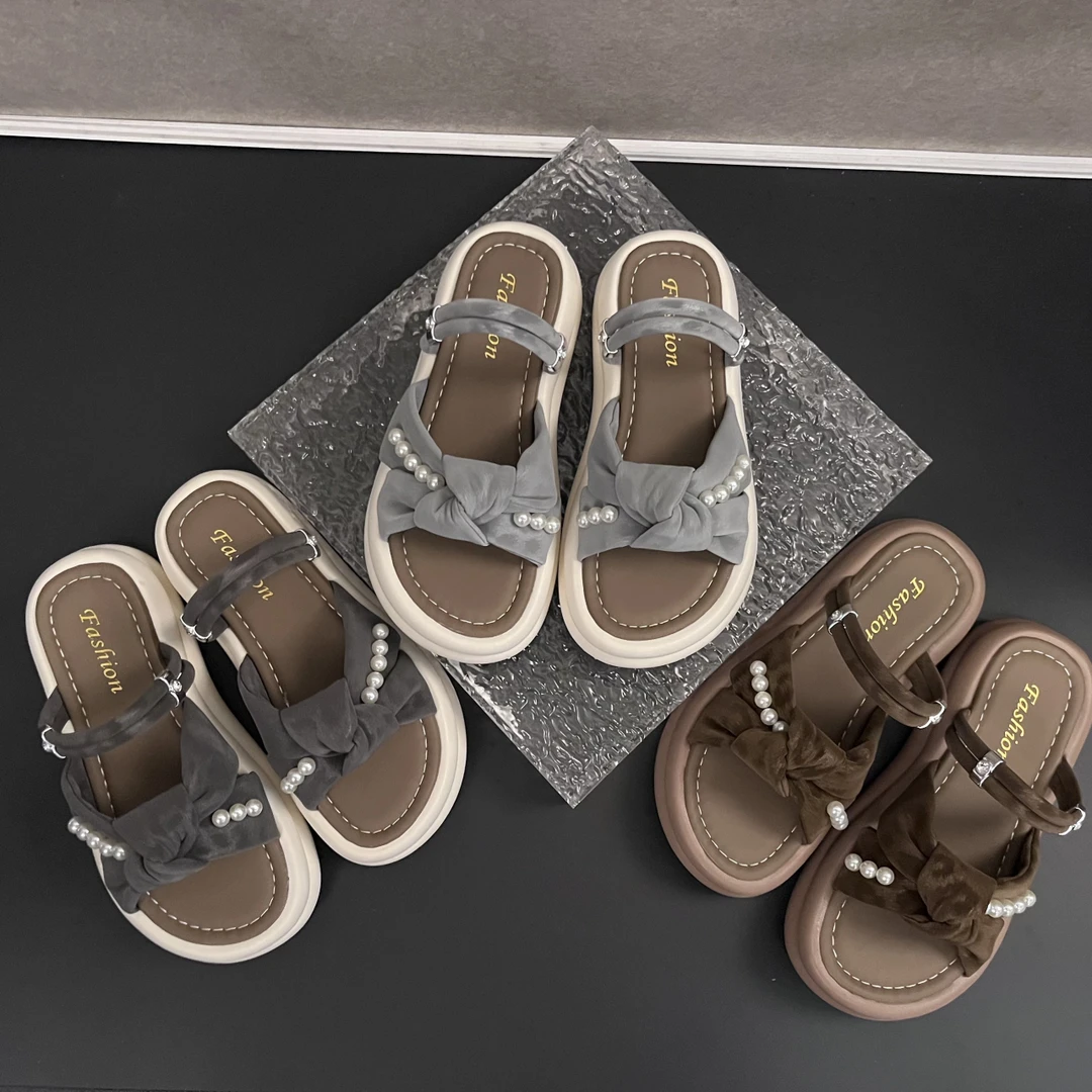 夏季ins厚底外穿平底一字型夏季沙滩鞋防水台一字拖凉鞋豹纹薄款