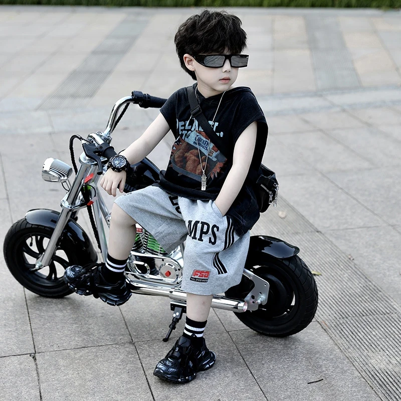 【一起炸翻天】夏季新款儿童洋气休闲炸鸡印花做旧连帽无袖背心