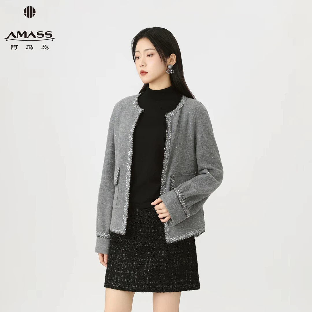 AMASS/阿玛施小香风上衣短款毛呢外套圆领常规袖直下摆5400312