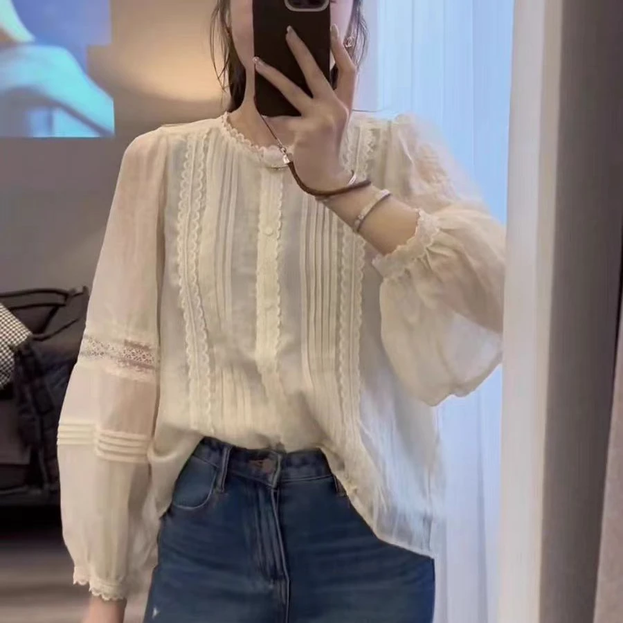 韩版洋气气质时尚欧货设计感灯笼袖蕾丝花边长袖百搭减龄衬衫