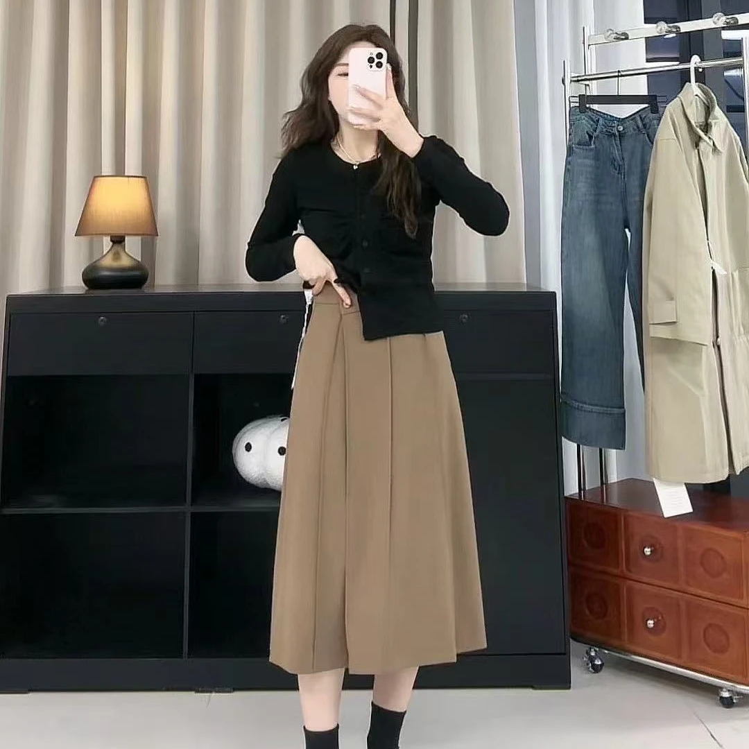 设计显瘦高腰a字长裙春新款别致高级感压褶半身裙W151