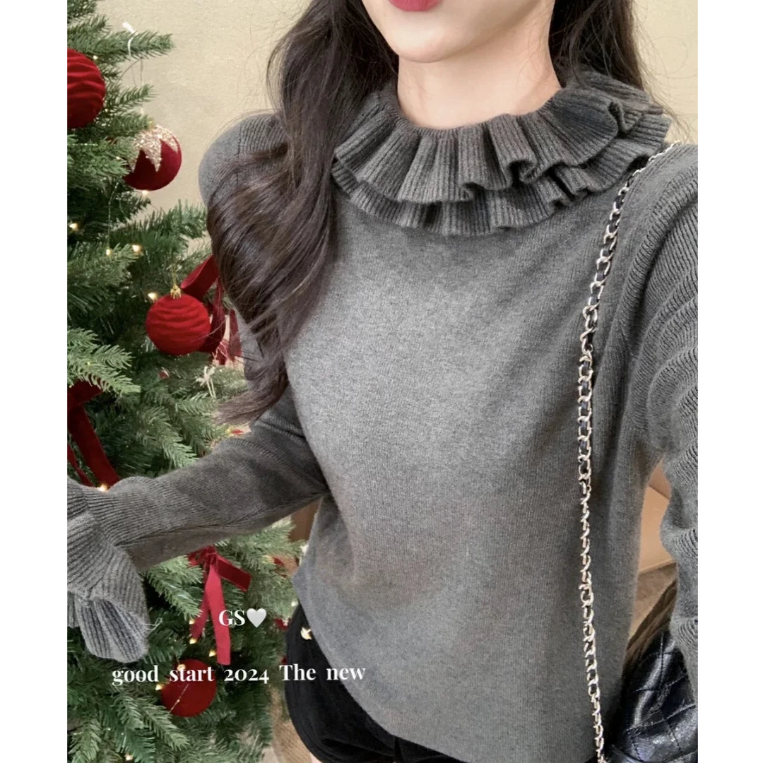 花苞荷叶领超洋气打底衫女内搭针织上衣冬季新款韩系甜美K8076