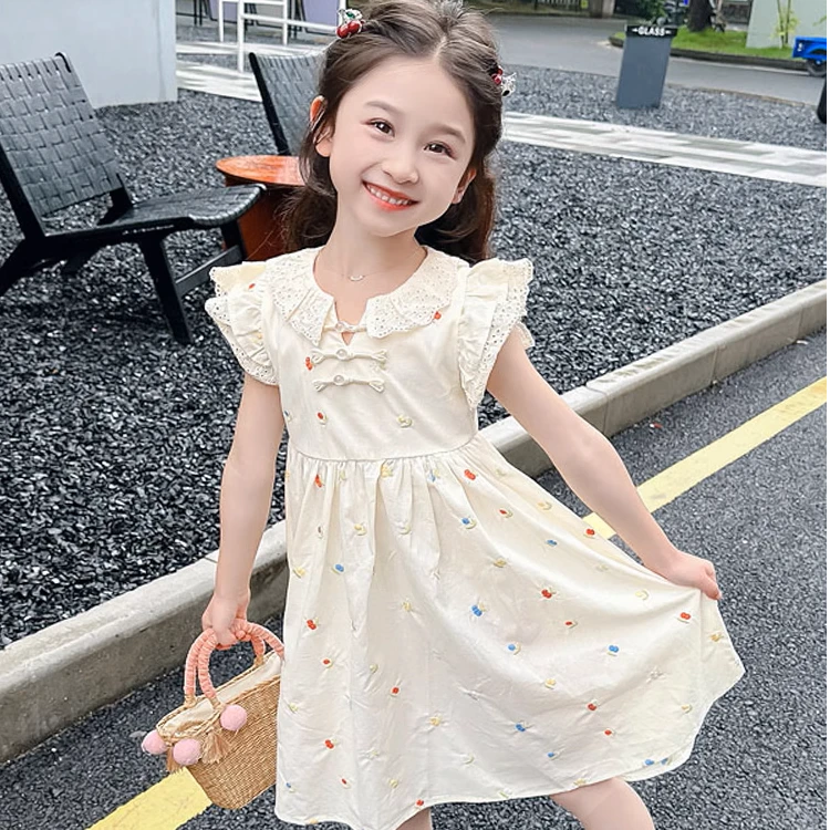 现货女童飞袖连衣裙夏季2025新款女宝宝公主裙夏装新中式裙子