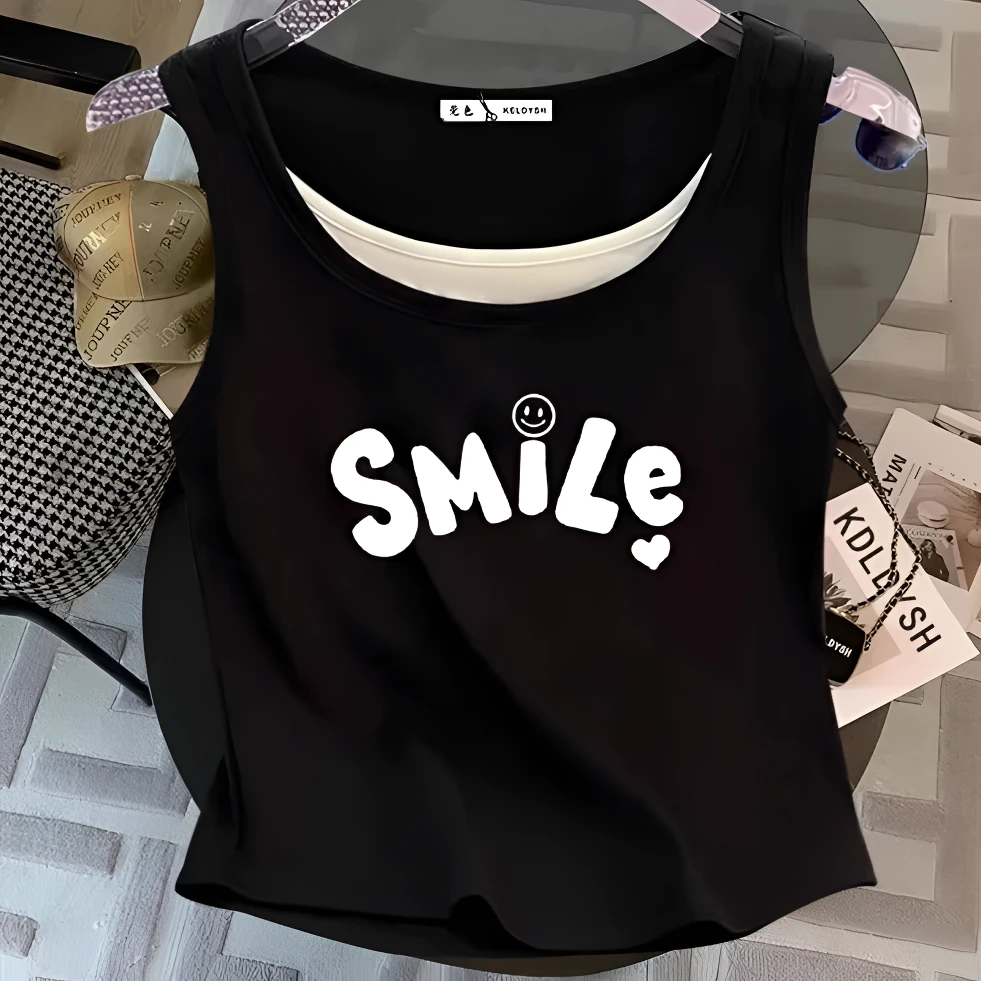 女装T恤打底夏季印花短款外穿修身型无袖短款圆领字母印花假两件