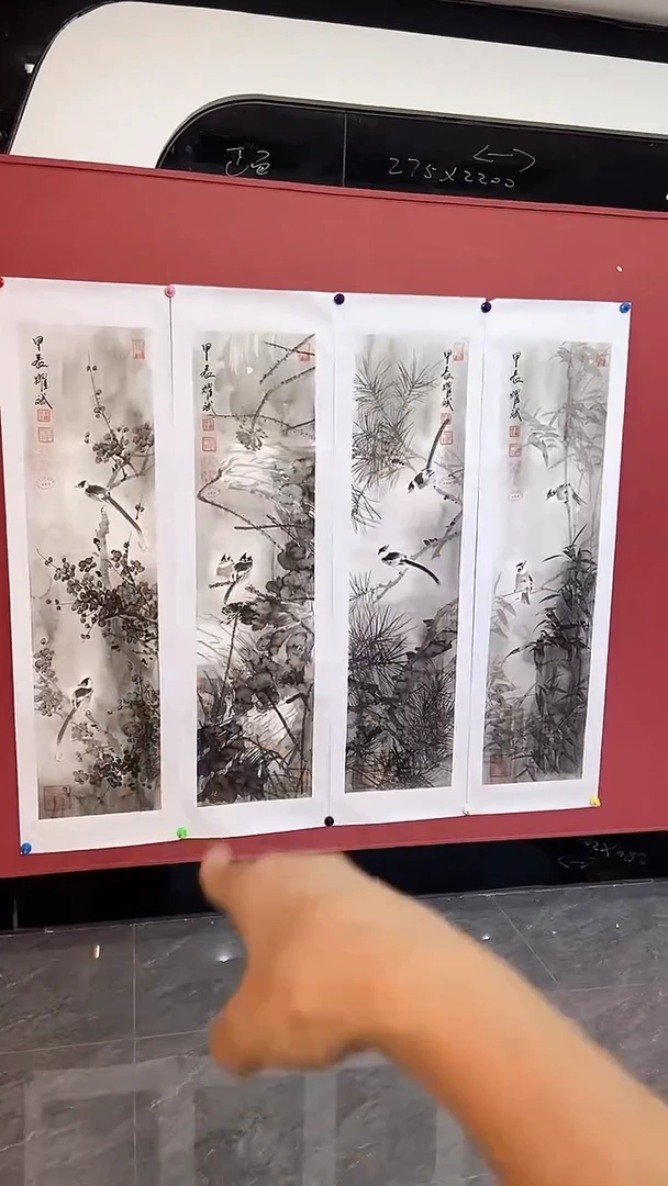 国画水墨鸟四条屏