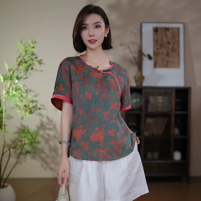 GONG QUE【绯烟】新中式桑蚕丝提花圆领气质斜襟短袖上衣 3411