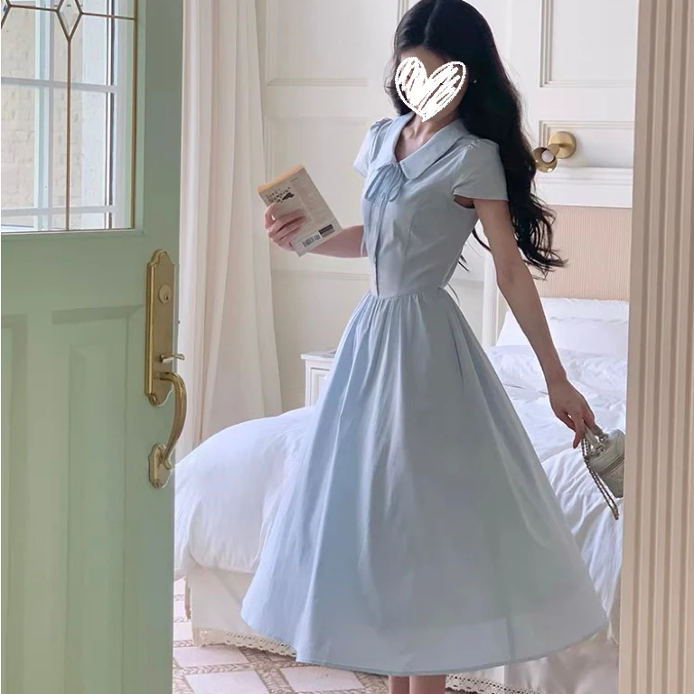 FCYSTUIDOHZJ法式粉色娃娃领衬衫连衣裙女夏季收腰显瘦A字长裙子