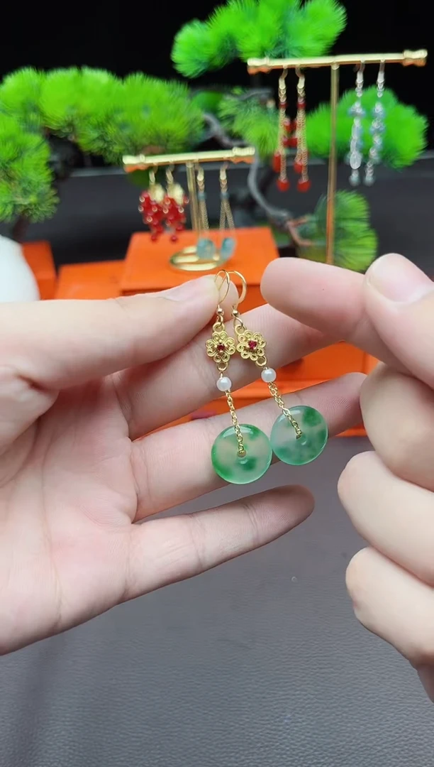 石英质玉（非洲翠）银S925镶嵌耳饰306