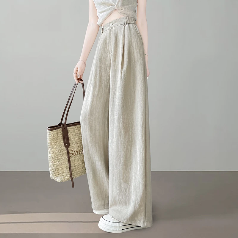 莱赛尔抗皱天丝亚麻裤子女夏薄2025新款垂坠感慵懒加长冰丝阔腿裤