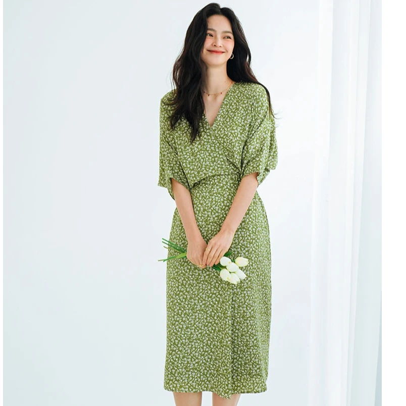 【盛宏】严选夏连衣裙新玫瑰碎花印花优雅蝙蝠袖显瘦连衣裙女13911