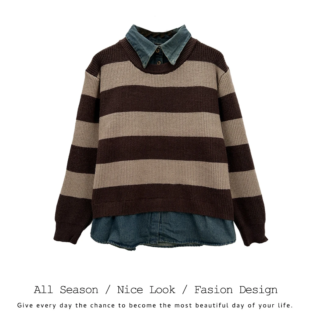 269  时尚假两件休闲拼接长袖女新款早春衬衫领宽松内搭上衣#0221