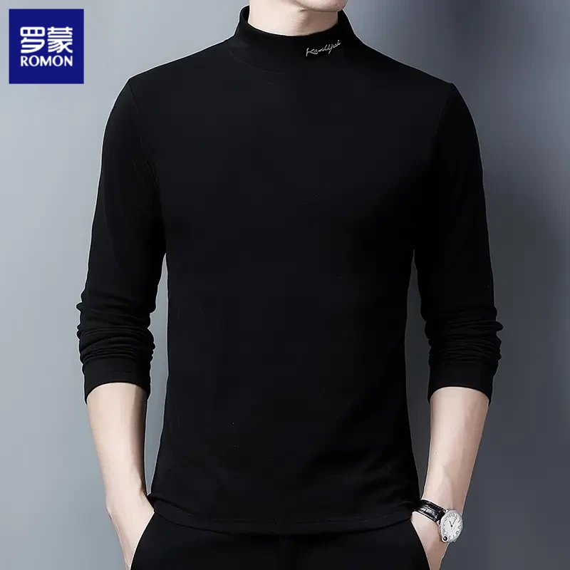 罗蒙半高领纯色打底衫卫衣秋冬季时尚百搭男士长袖休闲简约上衣服
