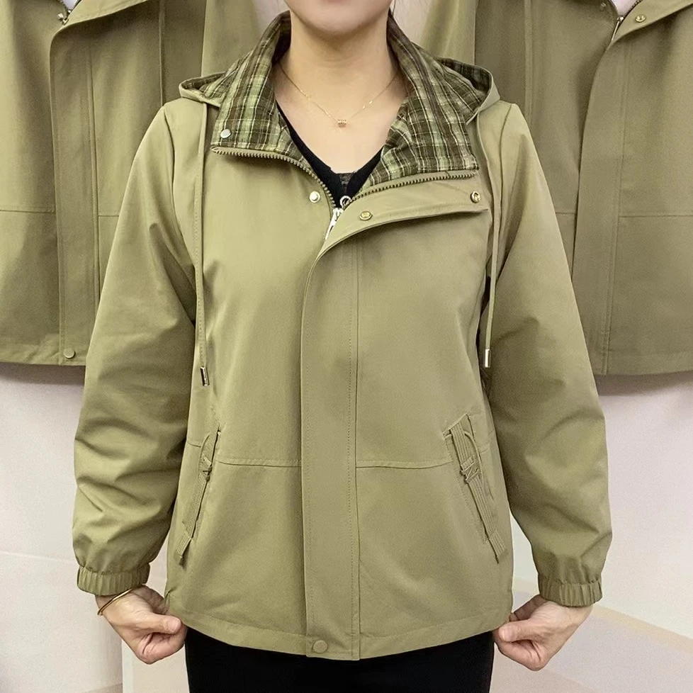 新款活帽格子领风衣百搭舒适女休闲纯色风衣外套（带里衬）