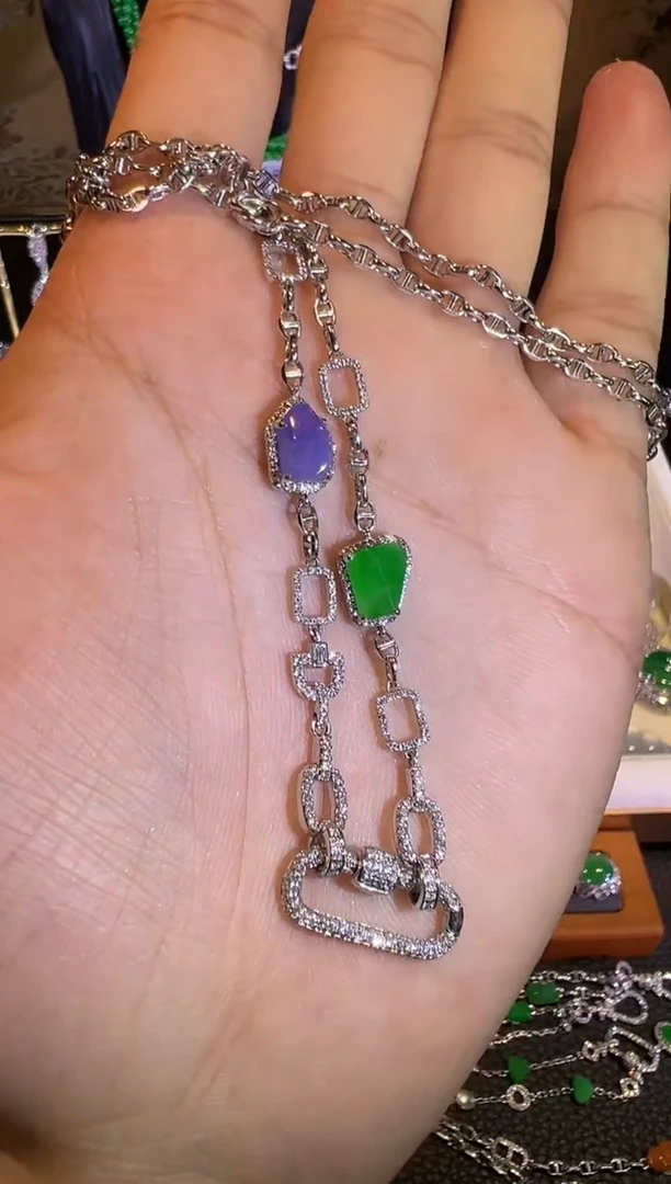 【闪购商品】翡翠项链18K金镶嵌精工重金版双彩无事牌万能链