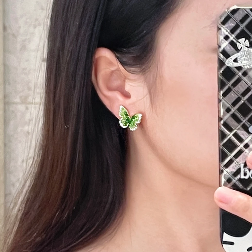 铜合金锆石耳饰 绿野仙踪 绿色水晶蝴蝶小众彩色甜美简约时尚