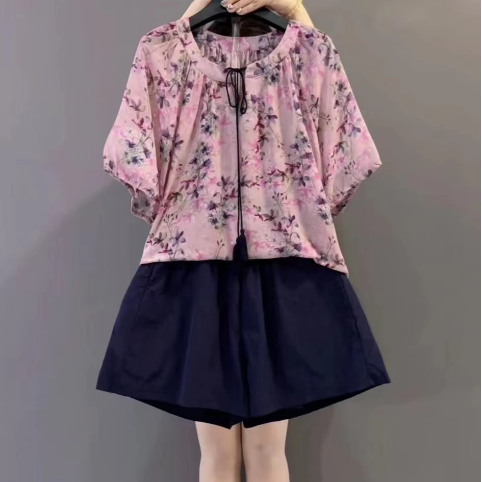 欧货2025夏新款大码女装温柔风碎花衫短裤两件套