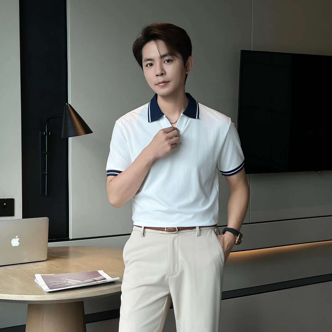 【润哥】人棉混纺 老钱风薄款短袖polo衫 百搭拼色半袖T7555