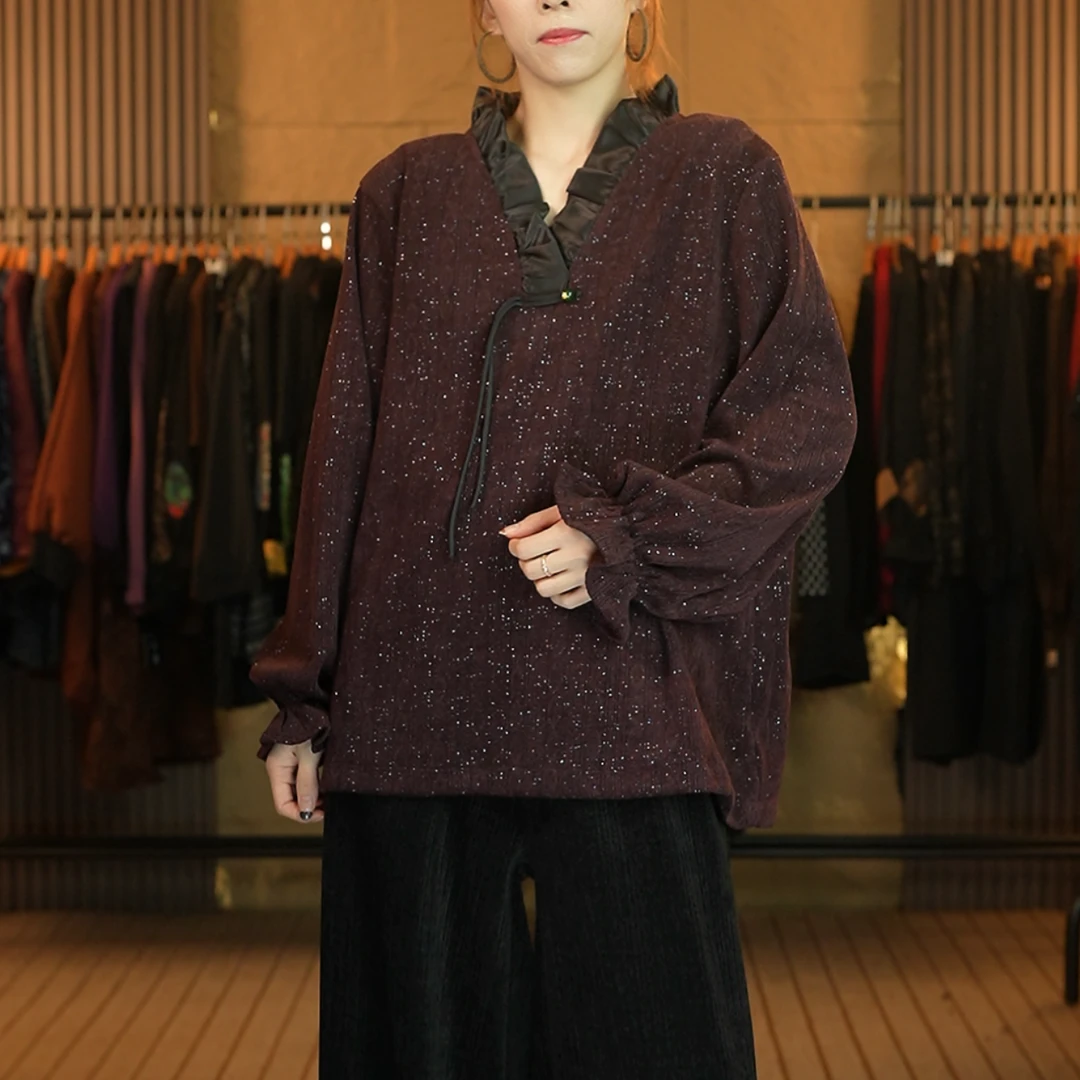 31花边V领红色满天星上衣女士时尚百搭卫衣K620