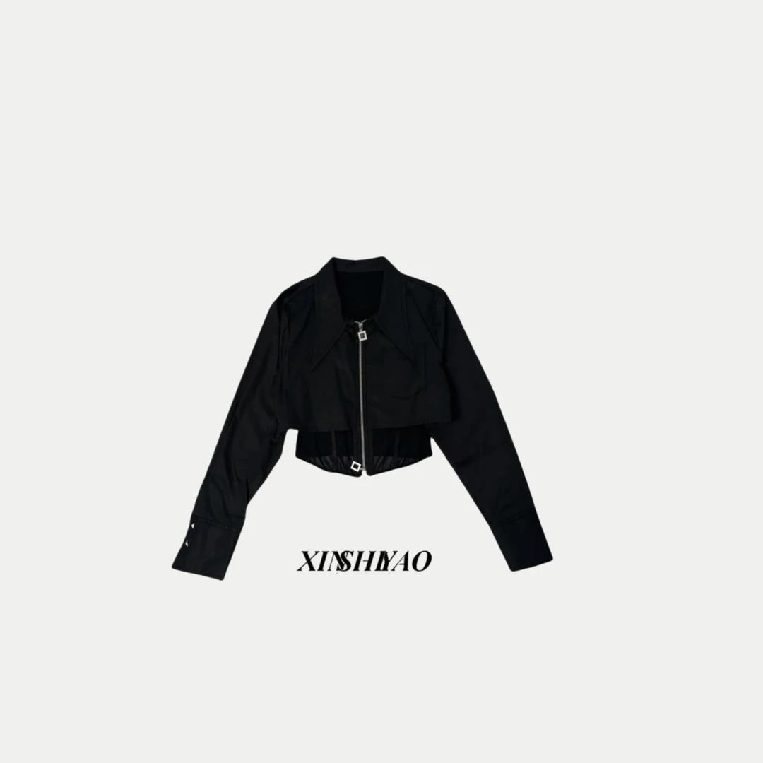 【XSY】网纱镂空双头拉链假两件衬衫