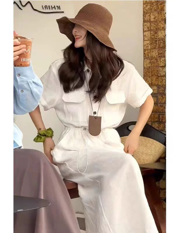 复古亚麻抽绳高腰显瘦衬衫连衣裙女夏季休闲百搭长裙