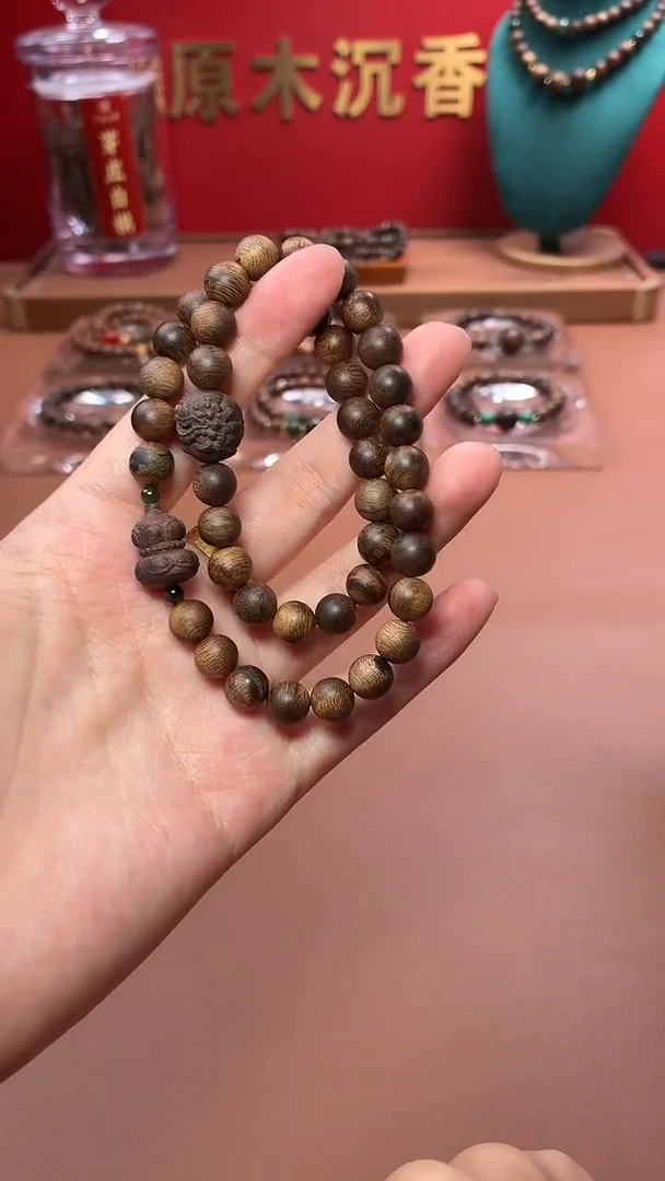 沉香手串沉水越南富森红土瘿子瘤疤08两圈设计款