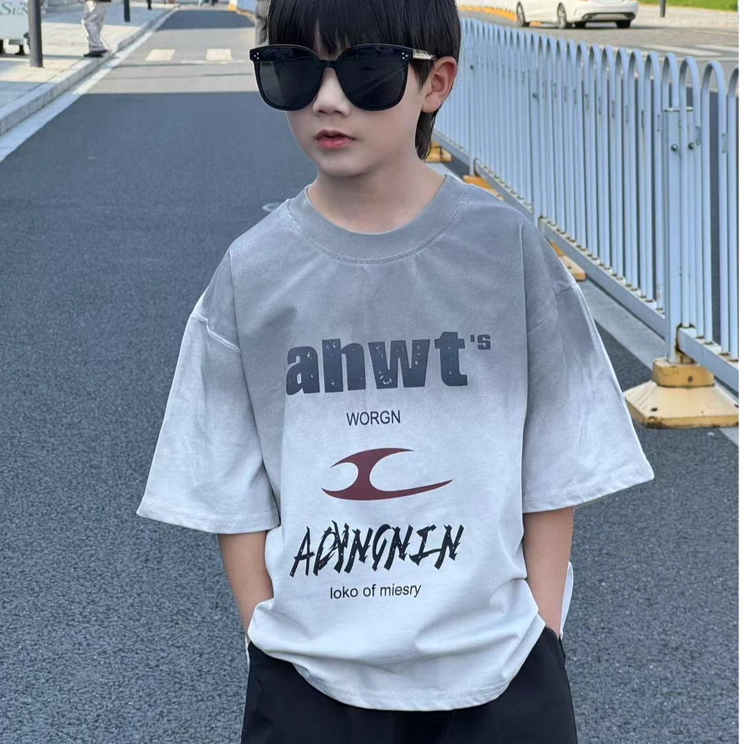 童纯棉t恤美式韩版宽松百搭喷黑潮流半袖印花帅气86020