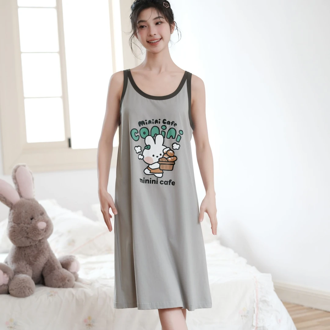 芬腾睡裙纯棉夏薄款短袖裙子休闲家居服