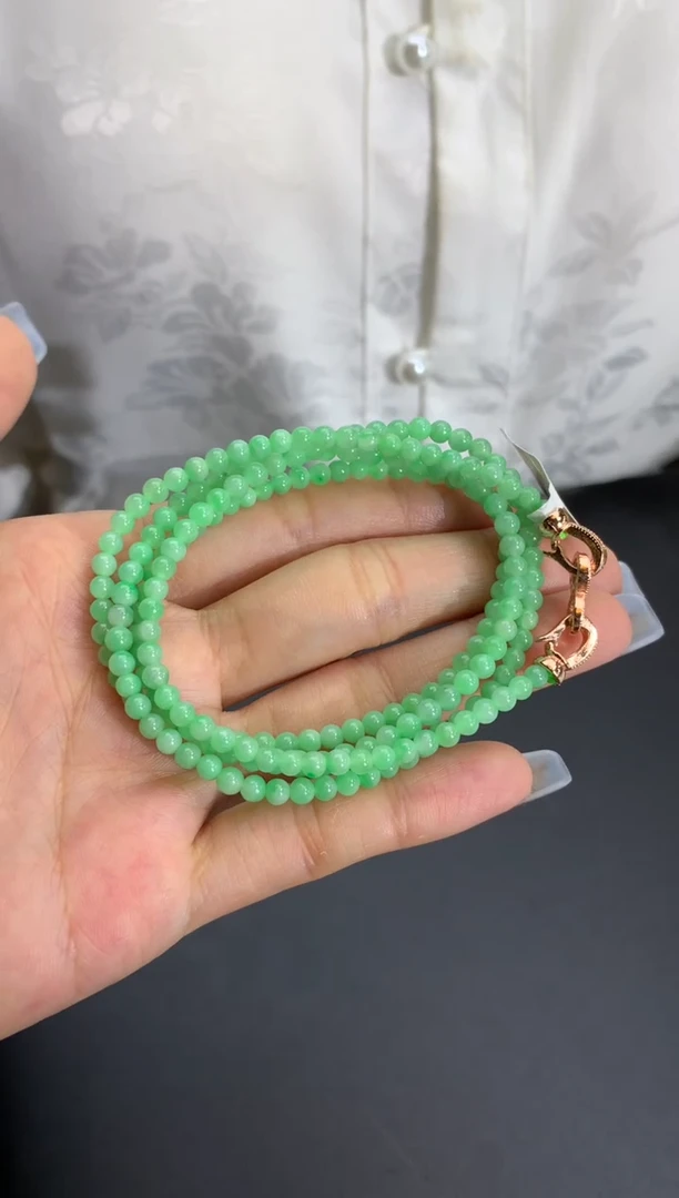 未镶嵌手串翡翠细糯 果绿色 卡3.5mm