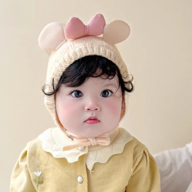 婴儿帽子秋冬季可爱甜美女宝宝针织护耳帽套头帽双层保暖毛线帽冬