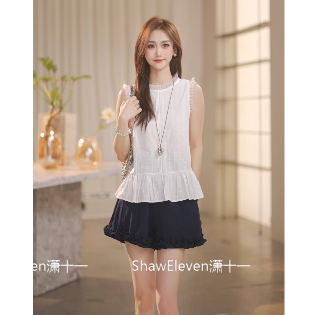 【Shaw Eleven】2025年夏装法式网纱木耳边圆领无袖上衣