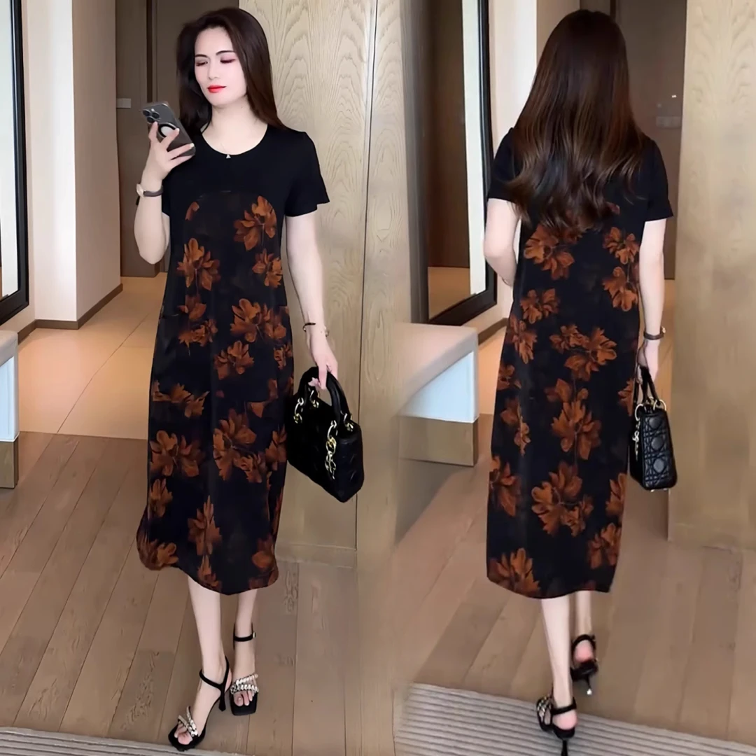 时尚印花连衣裙女夏季新款中年妈妈款短袖休闲裙宽松遮肚子中长裙