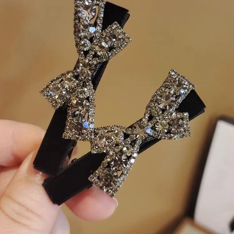 黑色丝绒亮钻发夹侧边夹鸭嘴夹轻奢风蝴蝶结网红镶钻发饰质感顶夹