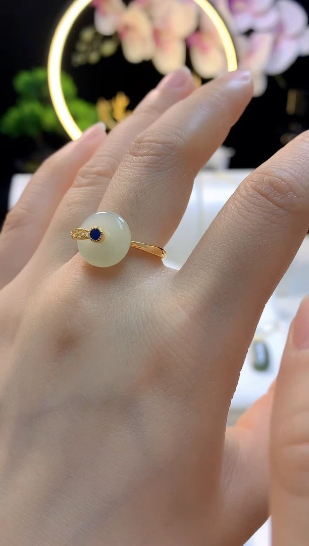 【闪购商品】和田玉戒指银S925镀金镶嵌时来运转戒指