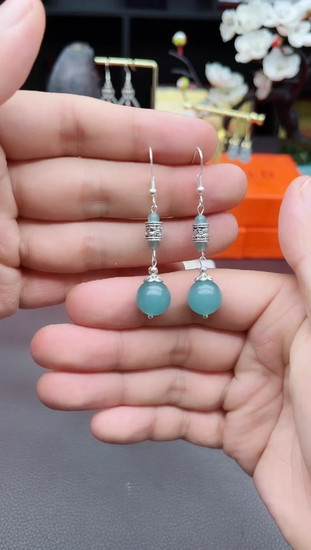 石英质玉（天山翠）银S925镶嵌耳饰420000