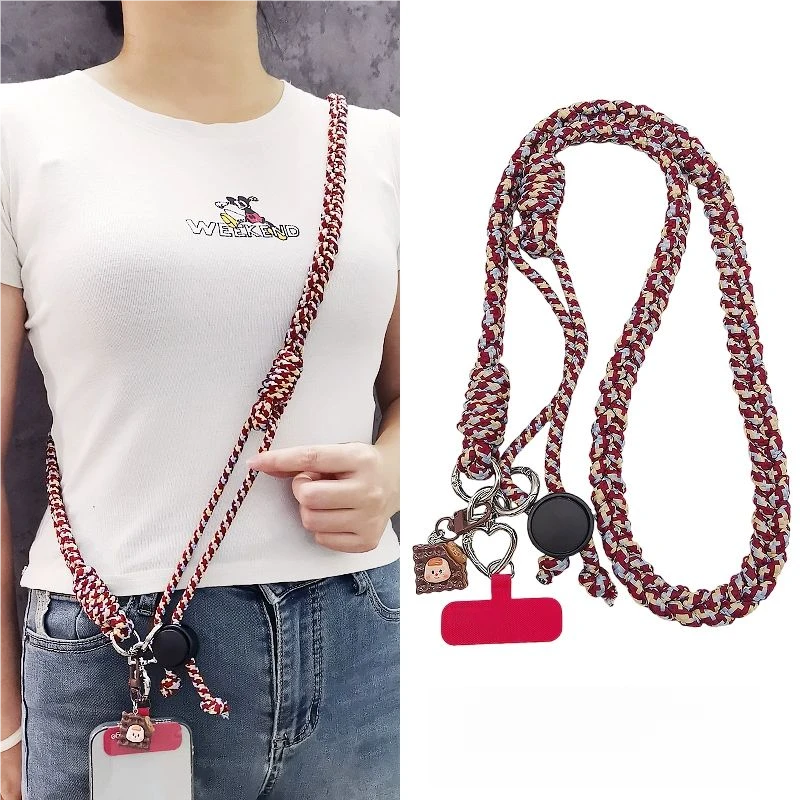 时尚长款手机挂绳斜挎可调节三股马尾编织绳户外旅游防丢挂件吊坠