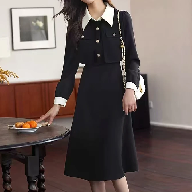 小香赫本风黑色2025显瘦收腰气质长袖连衣裙时尚百搭拼接