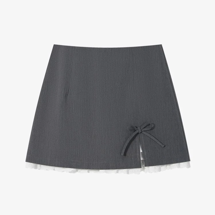 羊城故事-灰色蕾丝拼接半身裙下摆开叉高腰显瘦a字短裙Y50248235