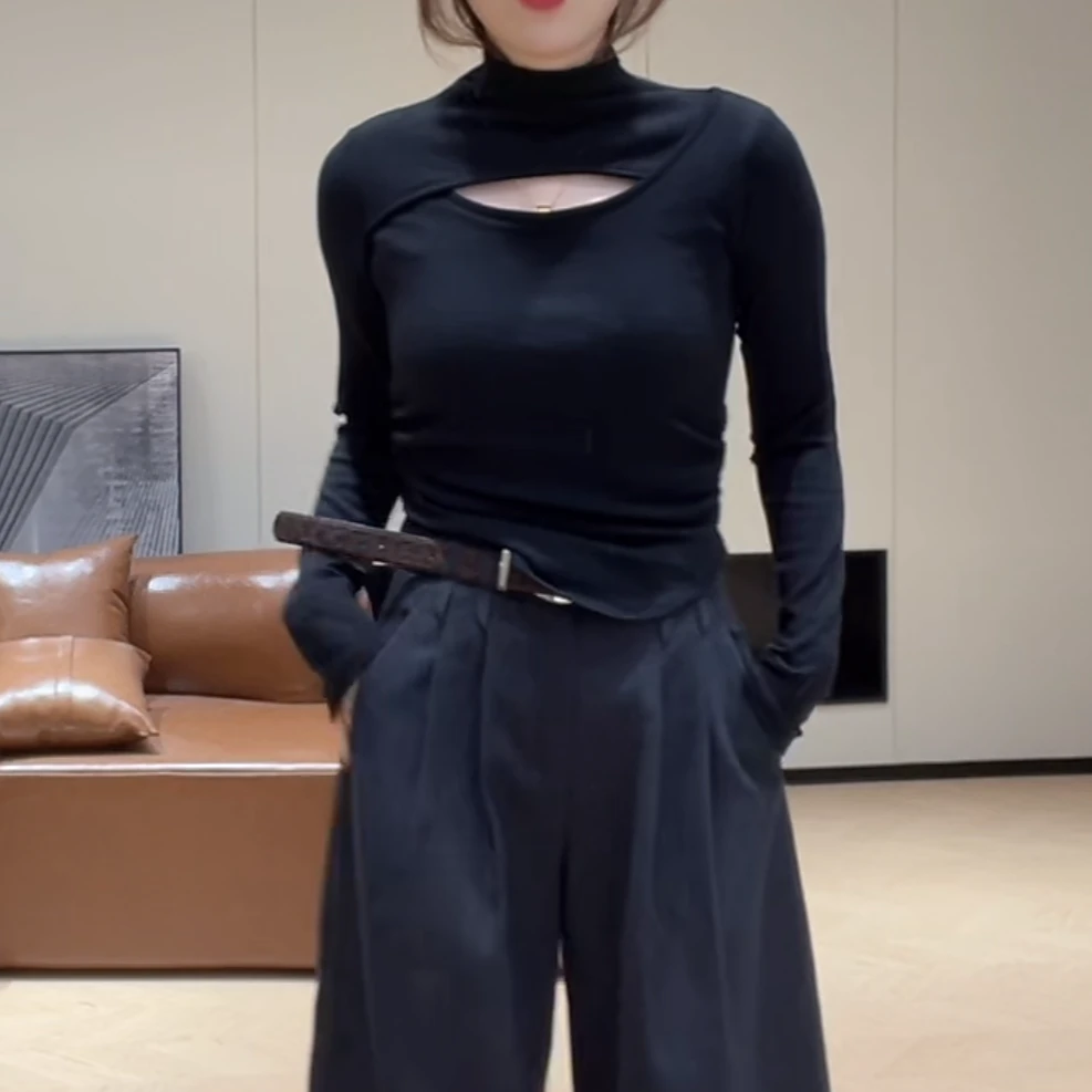 2025新款秋冬磨毛镂空显瘦纯欲立领长袖打底衫修身百搭纯色T恤