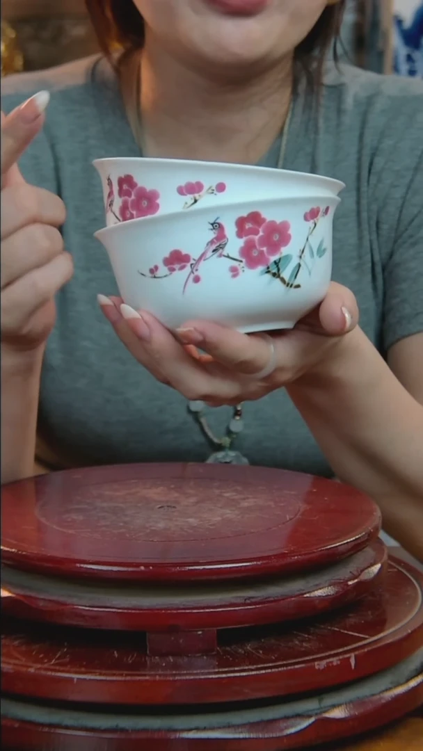 摆件景德镇陶瓷红梅对碗