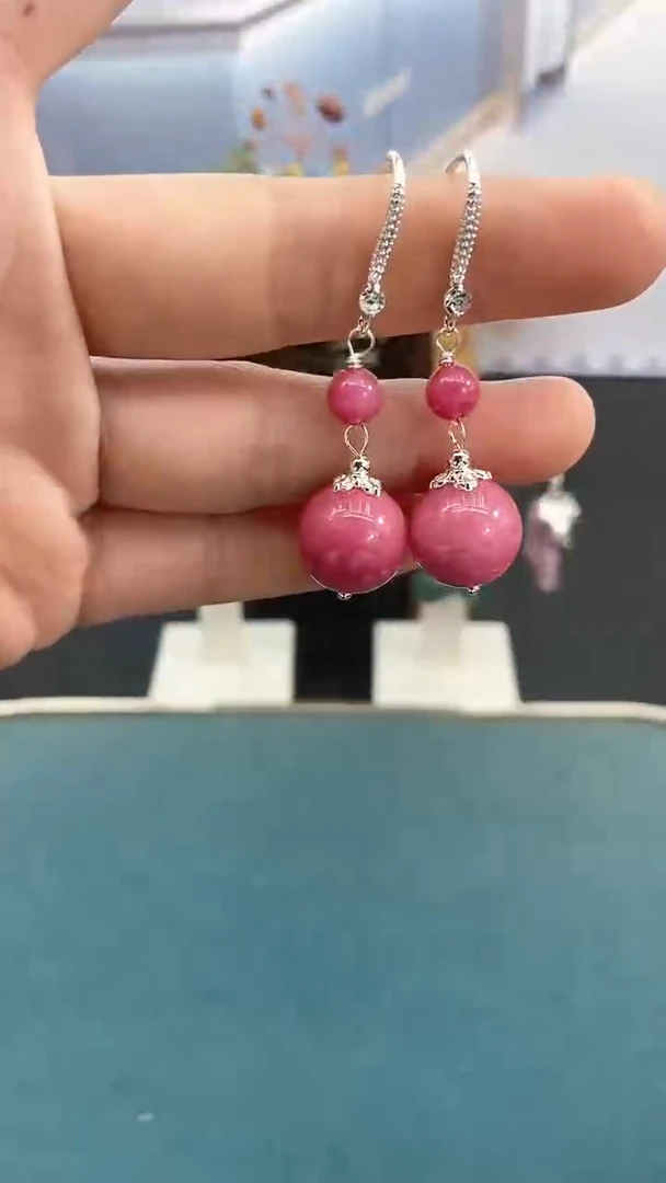 银S925镶嵌菱锰矿（红纹石）耳饰红纹石耳钩