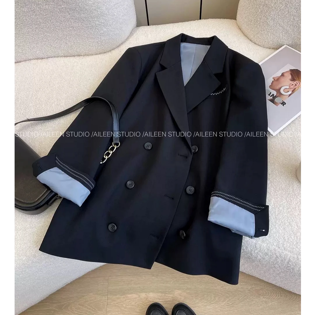 黑色西装外套女2025春装新款韩版时尚双排扣宽松休闲小西服上衣潮