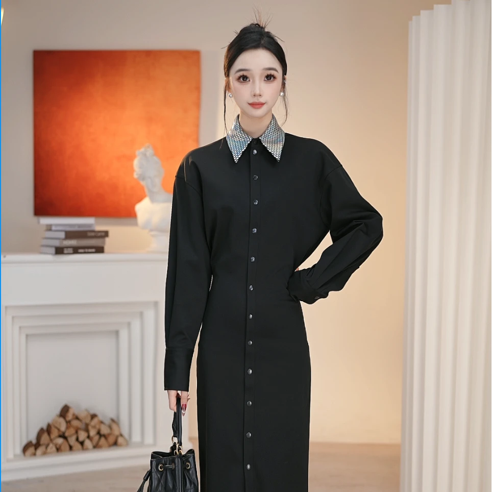 AMASS/阿玛施新款设计款镭射驳领长裙时尚气质纽扣连衣裙5500463