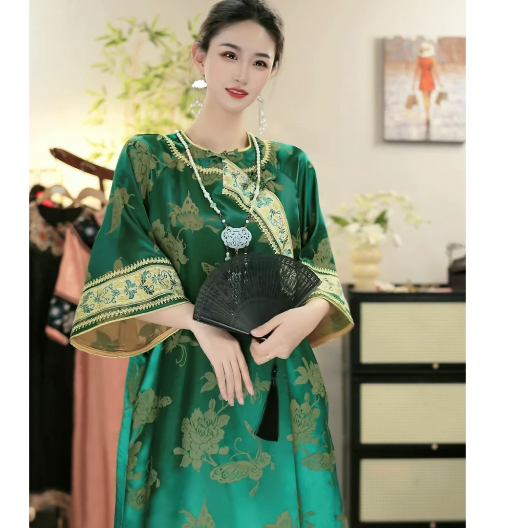花享悦2025夏季新款中国风大码绿色复古轻奢新中式裙WW（6758）