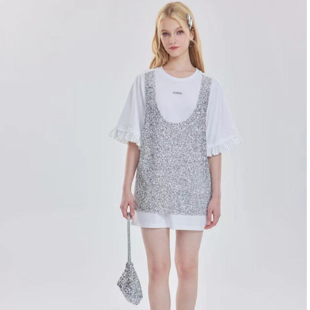 OooF！Yang亮片假两件裙