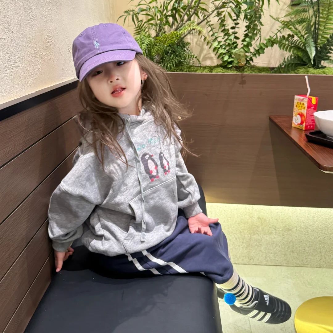 壹妈韩版童装女童秋季套装新款洋气儿童灰色连帽卫衣藏蓝色半身裙